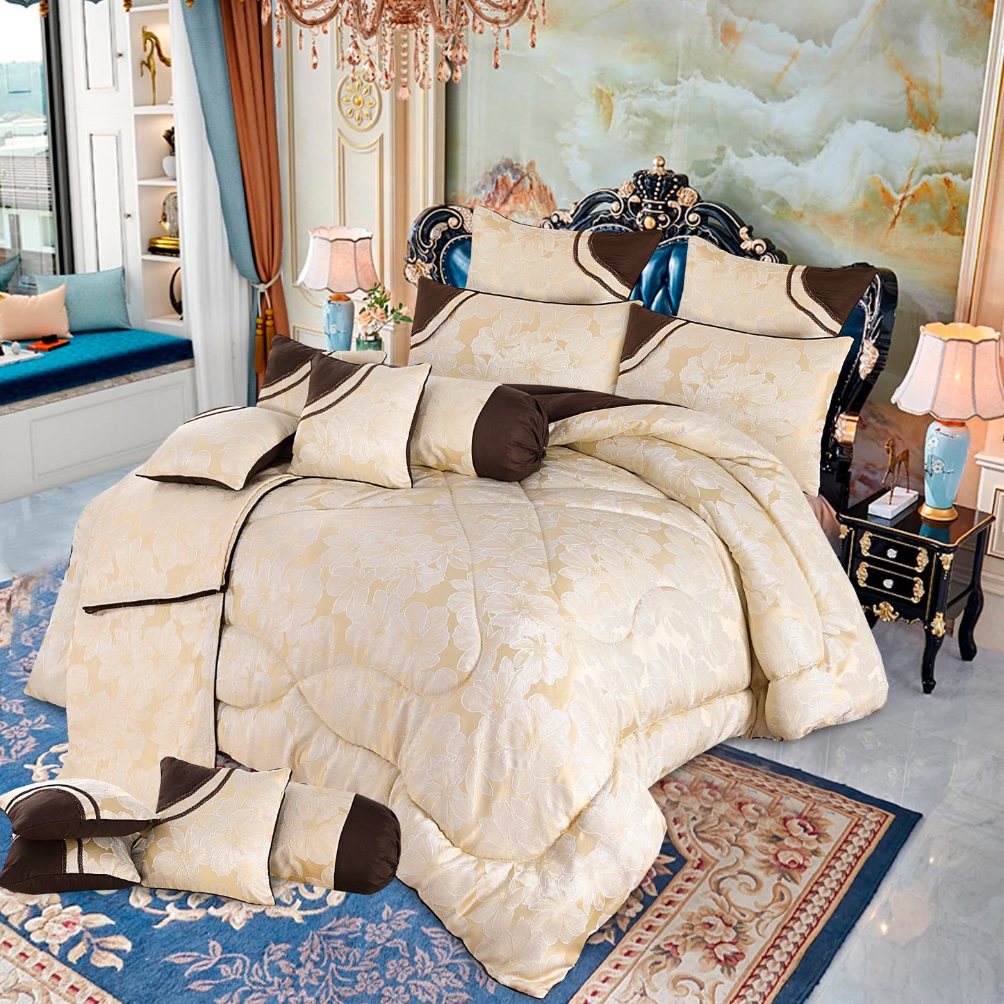 Arizona Plus 14-Piece Bridal Bedding Set – Shanghai Fabric with Fancy Corner & Piping – Filled Razai, Cushions & Pillows
