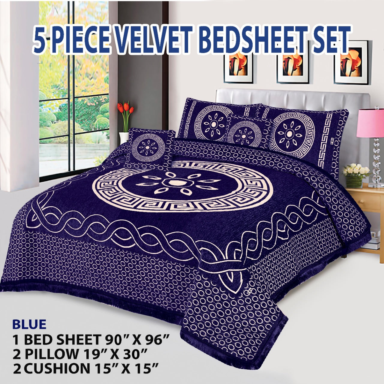 Premium 5-Piece Velvet Jacquard King Size Bedsheet Set – Luxurious Design with Pillow & Cushion Covers