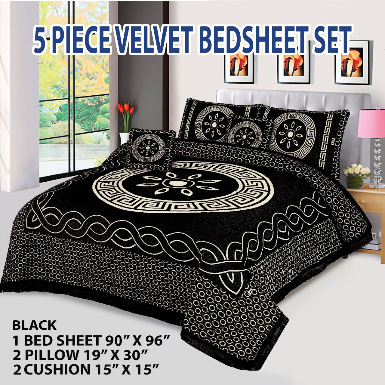Premium 5-Piece Velvet Jacquard King Size Bedsheet Set – Luxurious Design with Pillow & Cushion Covers