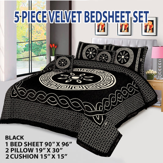 Premium 5-Piece Velvet Jacquard King Size Bedsheet Set – Luxurious Design with Pillow & Cushion Covers