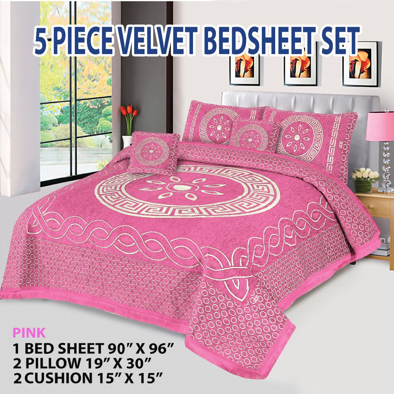 Premium 5-Piece Velvet Jacquard King Size Bedsheet Set – Luxurious Design with Pillow & Cushion Covers