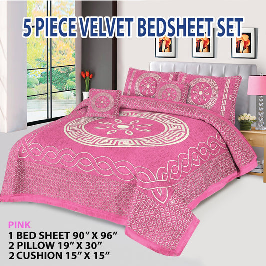 Premium 5-Piece Velvet Jacquard King Size Bedsheet Set – Luxurious Design with Pillow & Cushion Covers