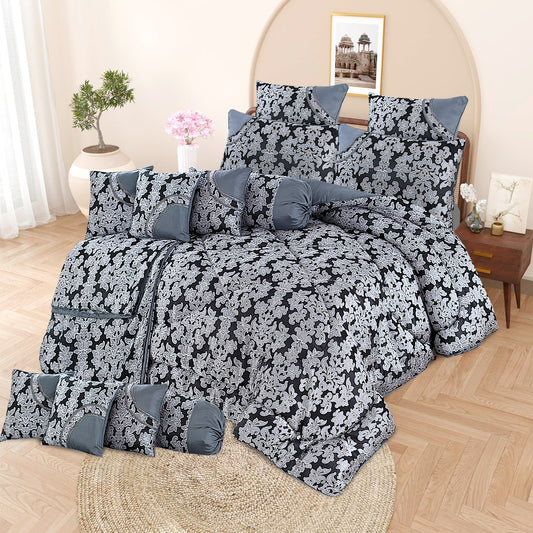 Arizona Plus 14-Piece Bridal Bedding Set – Shanghai Fabric with Fancy Corner & Piping – Filled Razai, Cushions & Pillows