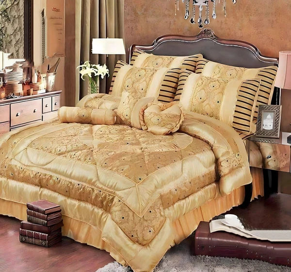 14-Piece Premium Bed Set with Frill & Filled Comforter – Quilted Cushions, Neck Rolls & Floor Cushions – Elegant Design