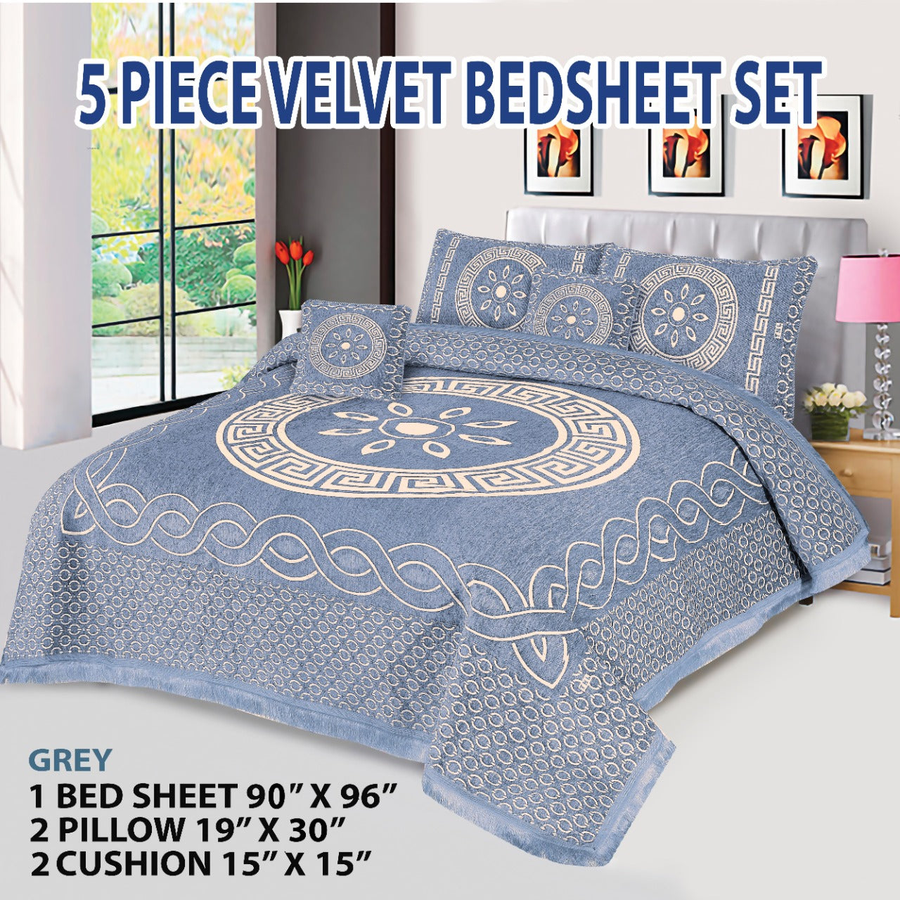 Premium 5-Piece Velvet Jacquard King Size Bedsheet Set – Luxurious Design with Pillow & Cushion Covers
