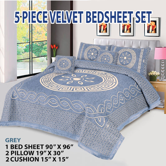 Premium 5-Piece Velvet Jacquard King Size Bedsheet Set – Luxurious Design with Pillow & Cushion Covers