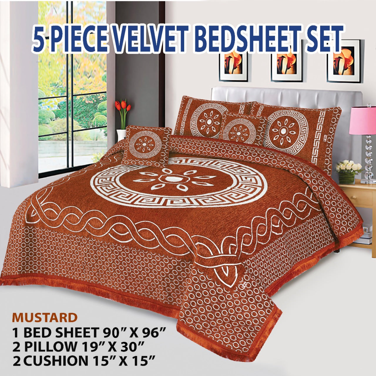 Premium 5-Piece Velvet Jacquard King Size Bedsheet Set – Luxurious Design with Pillow & Cushion Covers