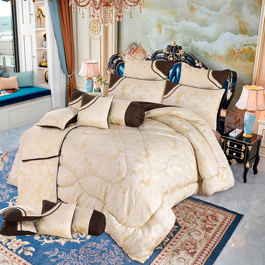 Arizona Plus 14-Piece Bridal Bedding Set – Shanghai Fabric with Fancy Corner & Piping – Filled Razai, Cushions & Pillows