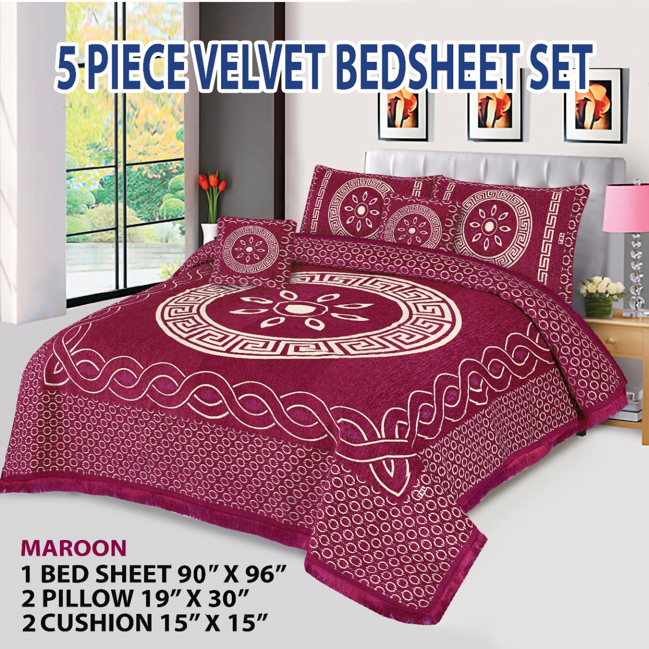 Premium 5-Piece Velvet Jacquard King Size Bedsheet Set – Luxurious Design with Pillow & Cushion Covers