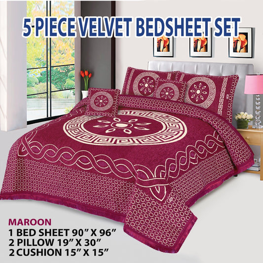 Premium 5-Piece Velvet Jacquard King Size Bedsheet Set – Luxurious Design with Pillow & Cushion Covers