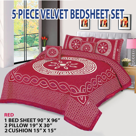 Premium 5-Piece Velvet Jacquard King Size Bedsheet Set – Luxurious Design with Pillow & Cushion Covers