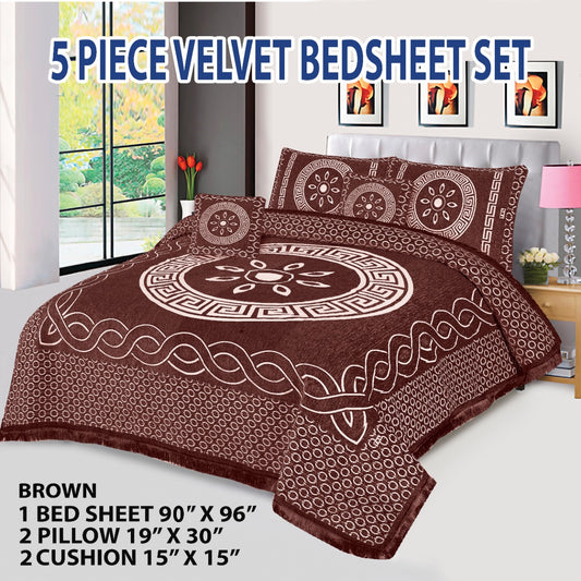 Premium 5-Piece Velvet Jacquard King Size Bedsheet Set – Luxurious Design with Pillow & Cushion Covers