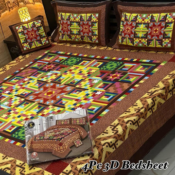 4Pc 3D Panel Bedsheet High Quality Soft cotton Bed sheet in Top famous Colors