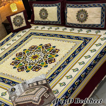 4Pc 3D Panel Bedsheet High Quality Soft cotton Bed sheet in Top famous Colors